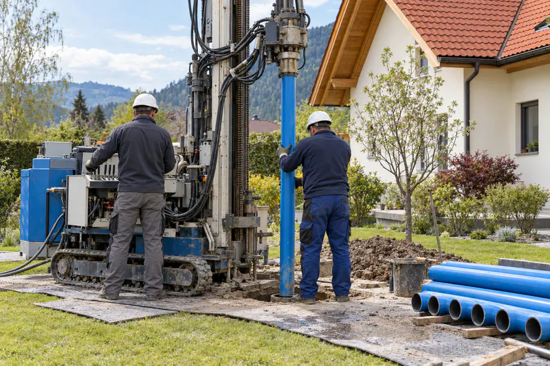 Brunnenbohrung für eine Grundwasser-Wärmepumpe auf einem Grundstück