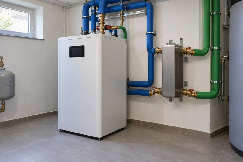 Wasser-Wasser-Wärmepumpe mit Wärmetauscher und Brunnenleitungen im Keller