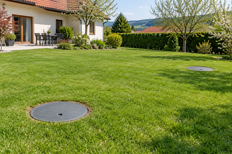 Förder- und Schluckbrunnen einer Wasser-Wasser-Wärmepumpe im Garten